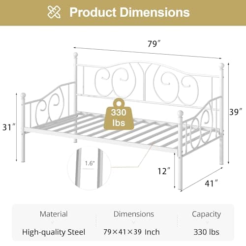 VECELO Metal Twin Daybed with Classic Headboard, White