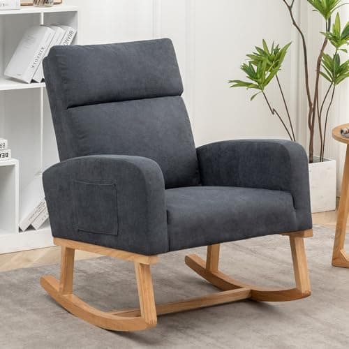 Sherpa Nursing Rocking Chair, Upholstered Glider with Side Pocket, Light Grey