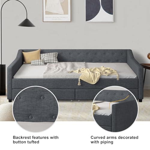 Linen Upholstered Ball & Cast Daybed, Dark Grey, 2 Storage Drawers