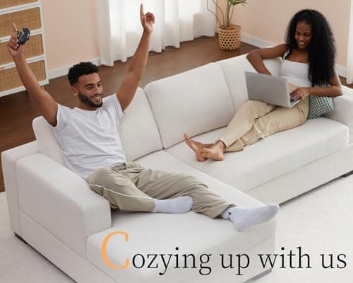 AMERLIFE 96 Inch Oversized Sectional Sofa, White Corduroy Chaise Couch