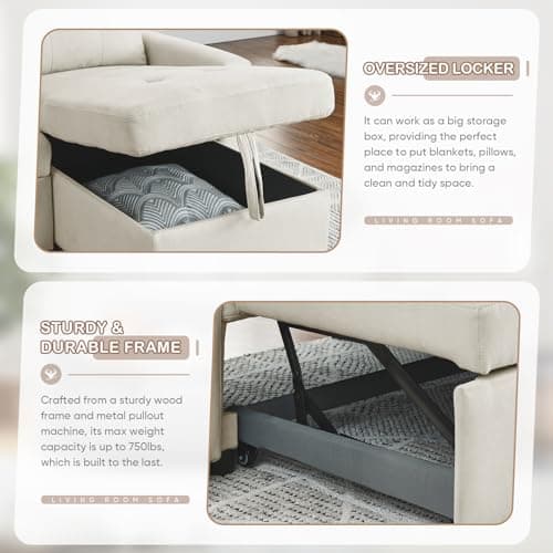 Antetek Reversible Sleeper Sectional Sofa with Storage Chaise, Beige