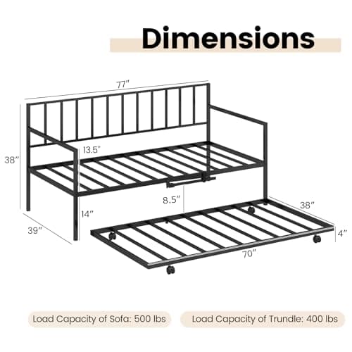 Giantex Black Metal Twin Day Bed with Pullout Trundle & Lockable Casters