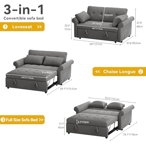 DWVO 3-in-1 Reclining Sleeper Sofa Bed, 56" Loveseat with Storage, Grey