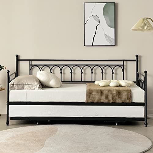 Vintage Metal Twin Day Bed with Pop-Up Trundle for Home Office