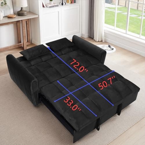 Ball & Cast 65" 3-in-1 Velvet Sleeper Sofa Bed with Adjustable Backrest & 2 Pillows, Black