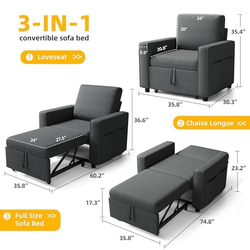 YITAHOME 3-in-1 Convertible Sofa Chair Bed, Grey Linen Recliner