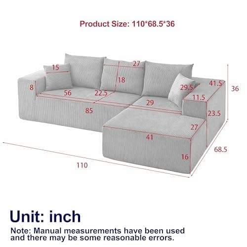 3 Seater Grey L Shaped Modular Sofa with Chaise & 5 Pillows for Living Room