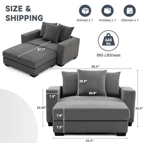58.3" Comfortable Oversized Chaise Lounge, Solid Wood Recliner with Cushioned Seats & Wide Armrests, Grey