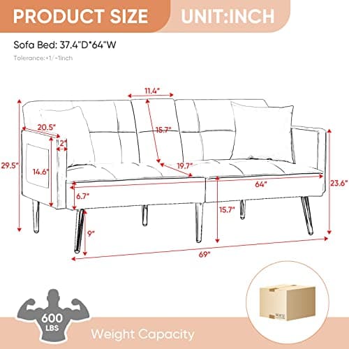 Antetek Convertible Futon Sofa Bed, 69-inch White Tufted Velvet Sleeper Couch