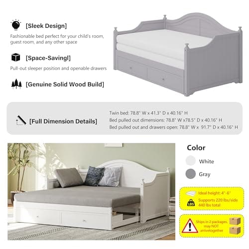 Merax Twin Size Extendable Wood Daybed with Storage, White