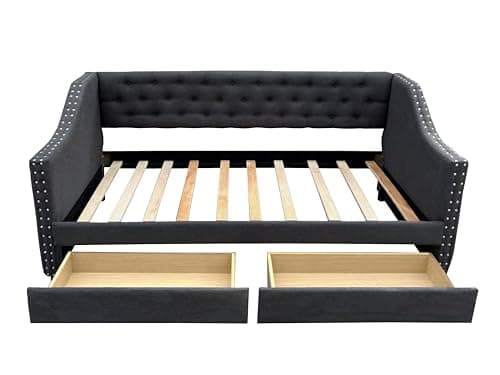 Twin Size Daybed with Storage & Linen Fabric, Wood Slat Support, Gray