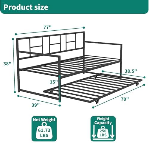 YITAHOME Black Twin Daybed with Trundle and Adjustable Height for Living and Guest Room sofa Couch with Steel Slat Support