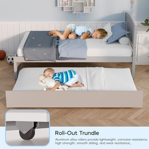 Grey Twin Pull Out Bed with Trundle and Slat Support