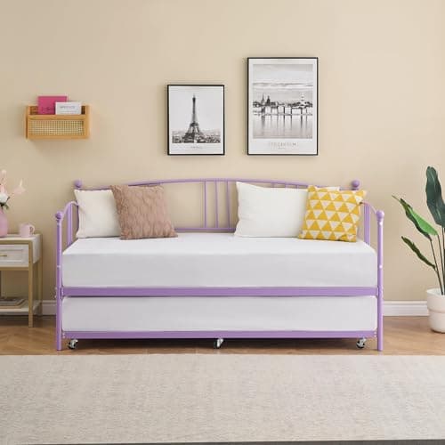 Twin Metal Daybed with Trundle, Easy Assembly, Purple Guest Sofa Bed
| Pullout Trundle Bed Frame with Arched Headboard, No Box Spring Required, Purple
| Purple Guest Sofa Bed with Steel Slat Support, Easy Assembly