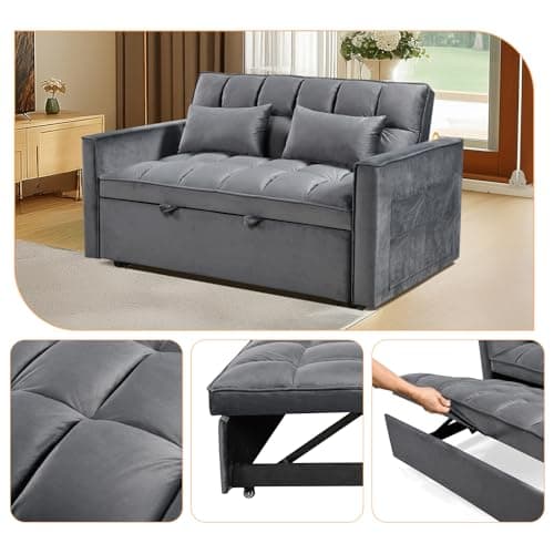 Grey 3-in-1 Convertible Velvet Bed Sofa, Pull-out Lounger with Reclining Backrest (55.1")