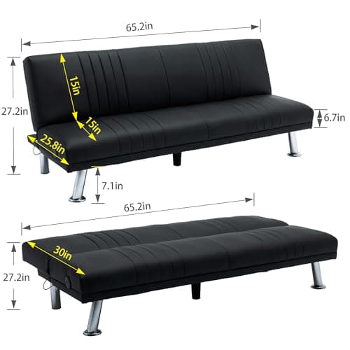 VECELO Modern Convertible Sofa Bed, Faux Leather Futon, Black