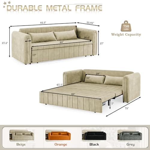 Antetek 82 Velvet Sleeper Sofa - Modern 3-Seat Couch with Pullout Bed & Pillows, Beige