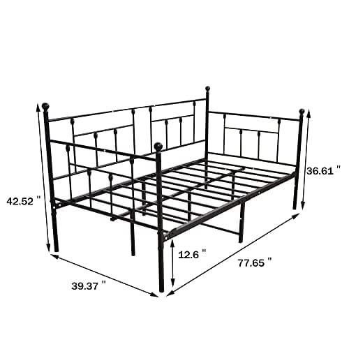 Black Metal Daybed Frame with Steel Slats, Twin Size Mattress Base