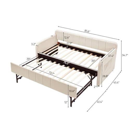 Twin Daybed with Pop Up Trundle for Guest Room Bedroom | Velvet Tufted Upholstered Twin to King Size Daybed Frame | Beige  
Pop Up Trundle Daybed for Guest Room | Velvet Tufted Upholstered Twin to King Size | Beige  
Twin to King Size Daybed with Pop