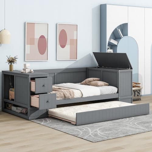 Harper & Bright Designs Gray Twin Daybed with Storage & Charging Station