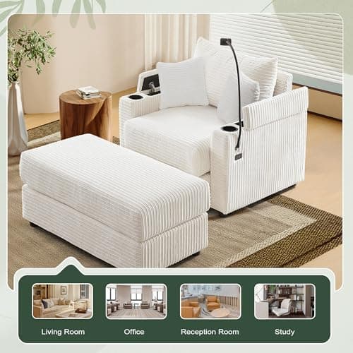 Oversized White Chaise Lounge Chair with Ottoman & 2 Pillows, USB Ports & Cup Holders (39.4")