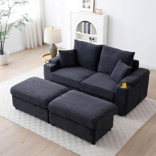 Modern Upholstered Blue Chaise Longue with Cup Holders & Storage Ottoman