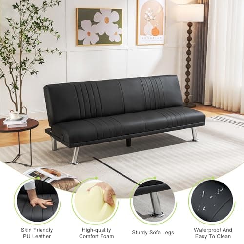 VECELO Modern Convertible Sofa Bed, Faux Leather Futon, Black