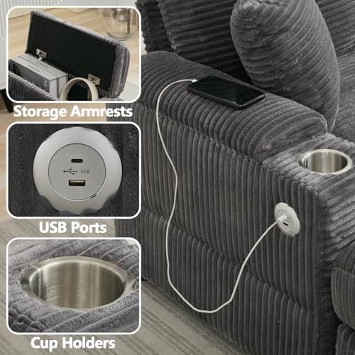 Oversized Grey Corduroy Chaise Lounge with Storage & 2 Pillows, 2 Ottomans, Cup Holder & USB Port