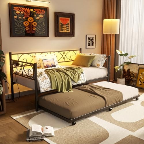 Unikito Black Metal Daybed with Charging & LED Lights, Twin w/ Pop-Up Trundle