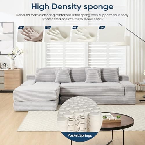 Grey 104-inch Cloud L-Shaped Foldable 3-Seater Couch Bed, Compressed Foam, Corner Lounge for Living Room