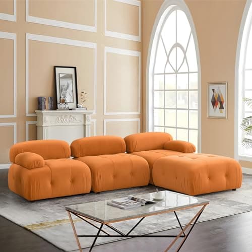 Antetek Modern Velvet L-Shaped 3-Seater Sofa with Movable Ottoman, 93-inch L Couch Furniture Set, Pink