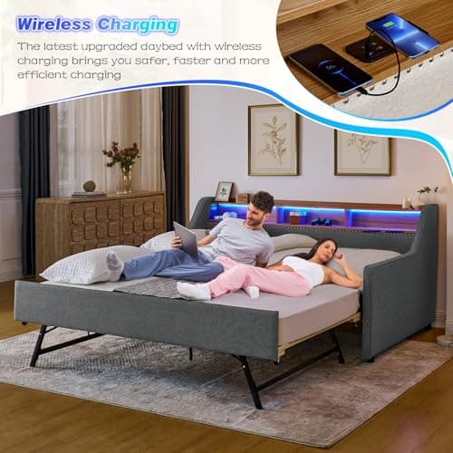Twin Daybed with Pop Up Trundle & Wireless Charger - Dark Grey Sofa Bed for Bedroom & Living Room, No Box Spring Needed  
Upholstered Day Bed Frame with LED/USB/Type C/Storage Headboard - Dark Grey Twin to King Trundle Bed for Bedroom & Living Room,