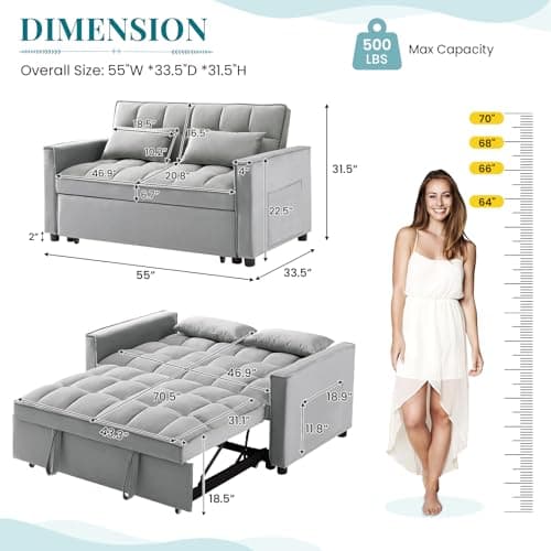 Antetek 3-in-1 Modern Velvet Sleeper Sofa Bed with Reclining Backrest and Pillows - Grey
