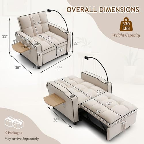 Modern Velvet Tufted Beige Convertible Sleeper Chair with Wing Table and Phone Holder