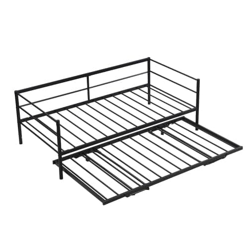 Modern Metal Twin Day Bed with Pop Up Trundle, Steel Slat Support (Black)