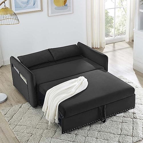 Modern Velvet Sleeper Sofa Bed with USB Port, Small 3-in-1 Convertible Loveseat Couch for Small Spaces, Black