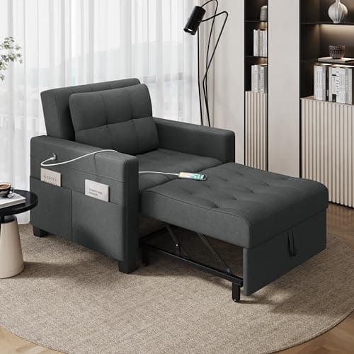Yaheetech Dark Gray Convertible Sofa Bed with Adjustable Backrest & Charging Ports
