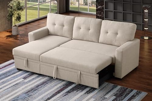 Eafurn Reversible Corduroy L-Shaped Sleeper Sectional With Chaise, USB Ports, Living Room Sofa Bed