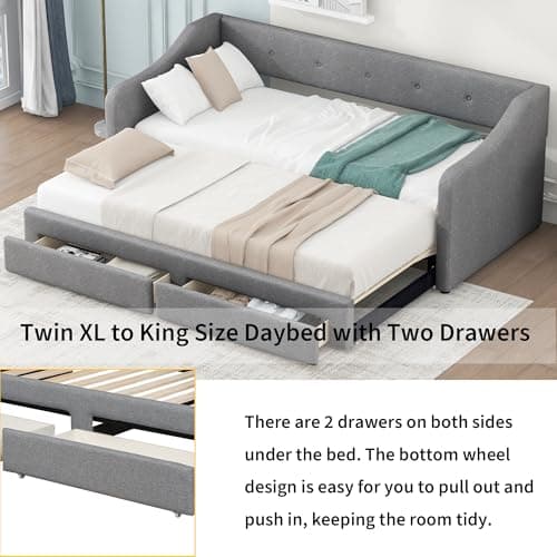 Gray Extendable Linen Daybed with Drawers and Pop-up Guest Bed