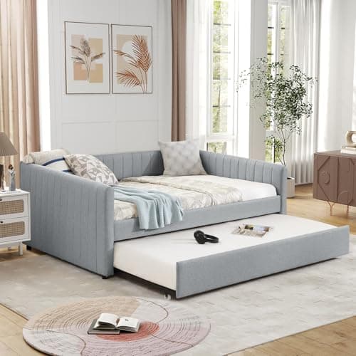 Antetek Full Size Linen Daybed with Twin Trundle, Grey