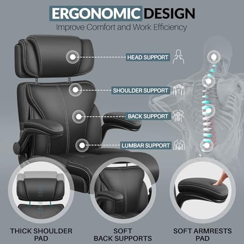 Ergonomic Big and Tall Office Chair with Retractable Headrest and Breathable Leather