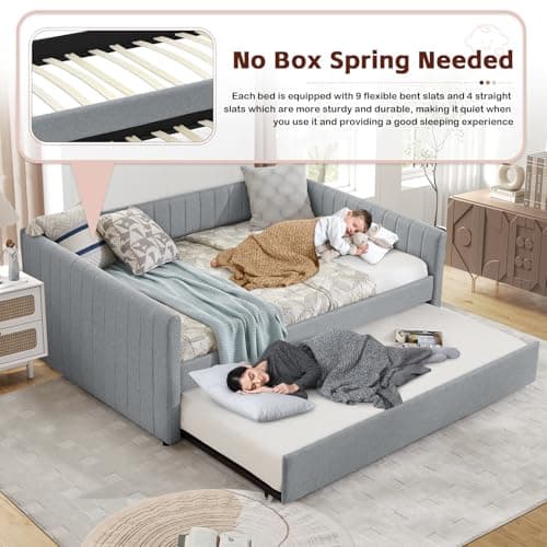 Antetek Full Size Linen Daybed with Twin Trundle, Grey