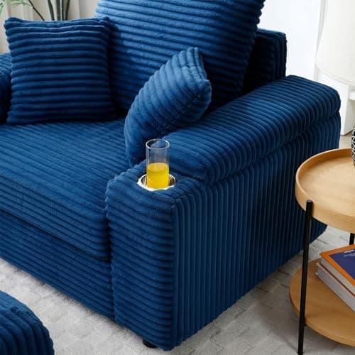 Modern Upholstered Blue Chaise Longue with Cup Holders & Storage Ottoman