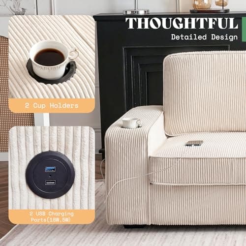 AMERLIFE Beige Corduroy 3 Seater Deep Seat Sofa with USB Ports & Cup Holders