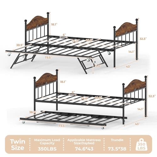 GAOMON Metal Twin Daybed with Pop Up Foldable Trundle, Perfect for Living Room and Guest Room
| GAOMON Daybed with Trundle and Heavy Duty Steel Slats Platform, Stylish Headboard for Bedroom
| GAOMON Metal Twin Foldable Daybed with Trundle, Ideal for