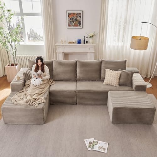 107" Grey Left-Facing Modular U-Shaped Couch with Chaise, No Assembly Required
