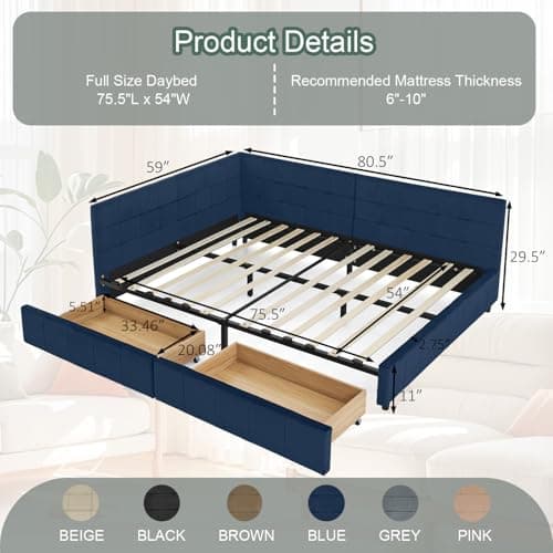 Antetek Modern Tufted Velvet Full Daybed with Storage Drawers, Blue