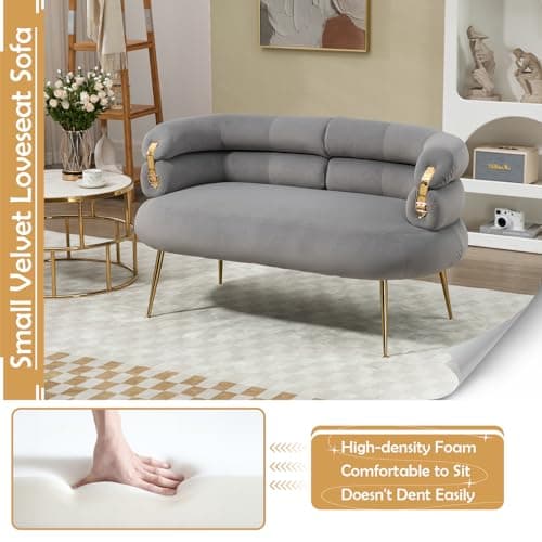 Antetek Velvet Loveseat Sofa with Golden Decor, Grey