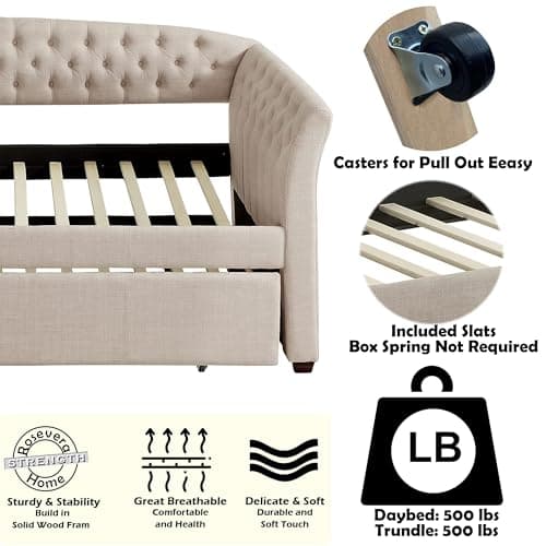 Rosevera Adrie Upholstered Twin Daybed with Tufted Button, Beige Velvet, Suitable for Living Room and Bedroom, Perfect for Guests, Elegant and Space-Saving Storage Solution
