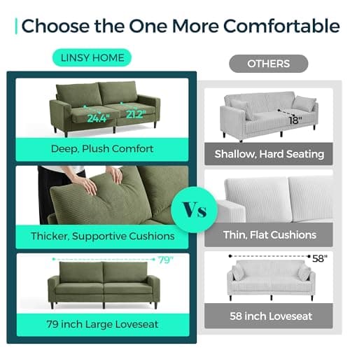 LINSY 79" Loveseat Sofa - Green Corduroy with Adjustable Seat and Spring Cushion
